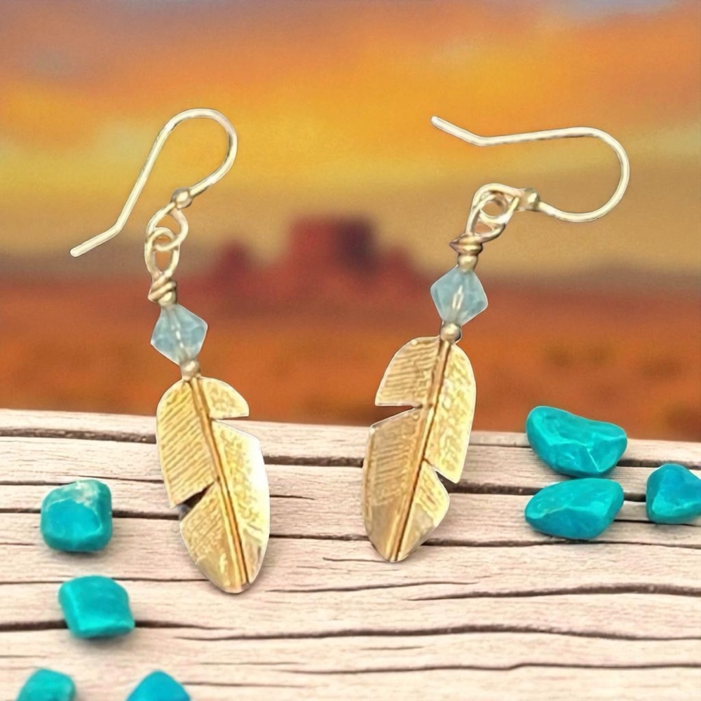 Native American Artisan Made Gold Filled Feather & Bead Dangle Drop Earrings